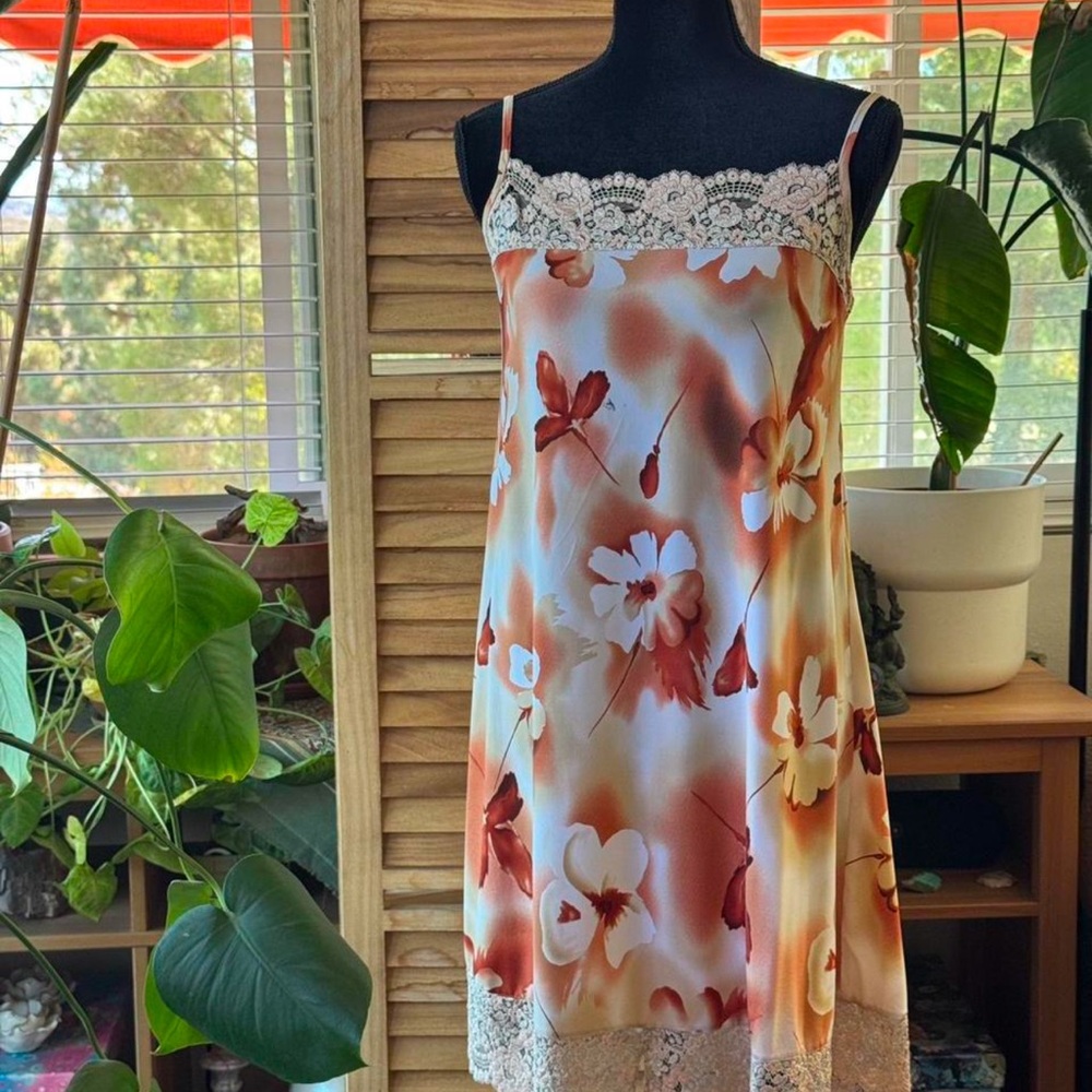 Silky Floral Slip Dress with Lace Trim - Orange Floral